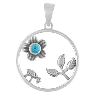 Gorgeous Handcrafted Nature-Themed Turquoise Round Shape 925 Sterling Solid Silver Pendant - R102007-4