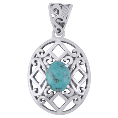 Alluring Jali Cut Around Turquoise Oval Shape 925 Sterling Solid Silver Pendant - R102010-2