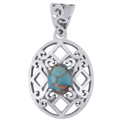 Alluring Jali Cut Around Blue Copper Turquoise Oval Shape 925 Sterling Solid Silver Pendant - R102010-3