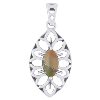 Stunning Handcrafted Petal Work Around Green Copper Turquoise Marquise Shape 925 Sterling Solid Silver Pendant - R102011-3