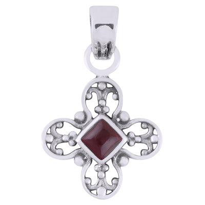 Beautiful Rawa Work Around Garnet Rhombus Shape 925 Sterling Solid Silver Pendant - R102014-1