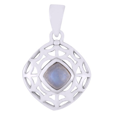 Gorgeous Handcrafted Jali Work Rainbow Moonstone Rhombus Shape 925 Sterling Solid Silver Pendant - R102015-1