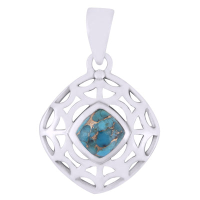 Gorgeous Handcrafted Jali Work Blue Copper Turquoise Rhombus Shape 925 Sterling Solid Silver Pendant - R102015-3