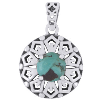 Beautifully Handcrafted Flower Around Turquoise Round Shape 925 Sterling Solid Silver Pendant - R102017-2