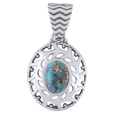 Stunning Handcrafted Jali Around Blue Copper Turquoise Oval Shape 925 Sterling Solid Silver Pendant - R102022-3