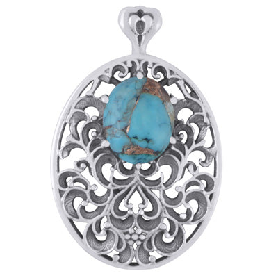 Gorgeous work Around Gemstone Blue Copper Turquoise Oval Shape 925 Sterling Solid Silver Pendant - R102027-4
