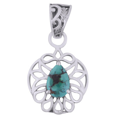 Gorgeous Pattern Around Turquoise Pear Shape 925 Sterling Solid Silver Pendant - R102030-3