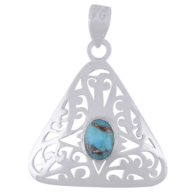 Beautiful Curved Triangle pattern HandCarved Blue Copper Turquoise Oval Shape 925 Sterling Solid Silver Pendant - R102037-2