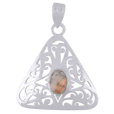 Beautiful Curved Triangle pattern HandCarved Spiny Oyster Copper Turquoise Oval Shape 925 Sterling Solid Silver Pendant - R102037-3