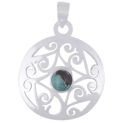 Alluring Round Jali pattern HandCarved Turquoise Round Shape 925 Sterling Solid Silver Pendant - R102039-2