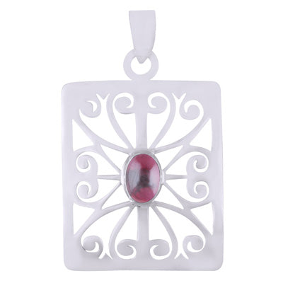 Gorgeous HandCarved Round Jali pattern Garnet Oval Shape 925 Sterling Solid Silver Pendant - R102042-1