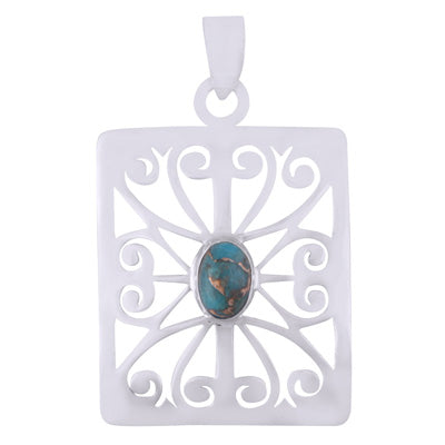 Gorgeous HandCarved Round Jali pattern Blue Copper Turquoise Oval Shape 925 Sterling Solid Silver Pendant - R102042-3