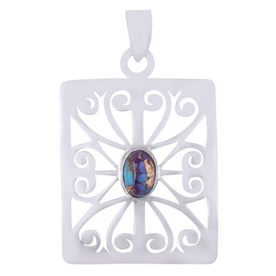 Gorgeous HandCarved Round Jali pattern Purple Copper Turquoise Oval Shape 925 Sterling Solid Silver Pendant - R102042-4