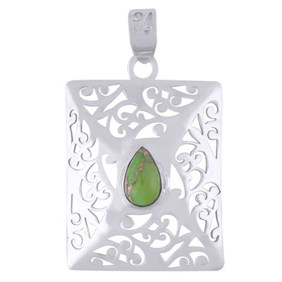 Stunning HandCarved Jali pattern Green Copper Turquoise Pear Shape 925 Sterling Solid Silver Pendant - R102046-3