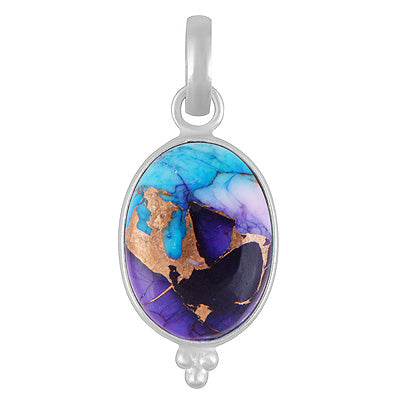 Classic Bezel Frame Rawa Work Around Peacock Dahlia Copper Turquoise Oval Shape 925 Sterling Solid Silver Pendant - R102054-7