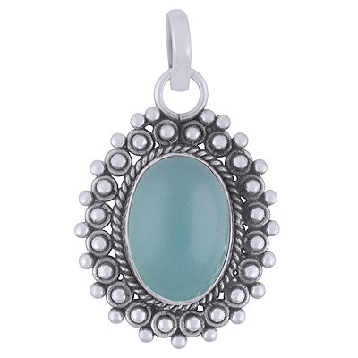 Classic Rawa Work Around Aqua Chalcedony Oval Shape 925 Sterling Solid Silver Pendant - R102063-10