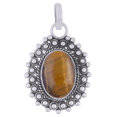 Classic Rawa Work Around Tiger's Eye Oval Shape 925 Sterling Solid Silver Pendant - R102063-11