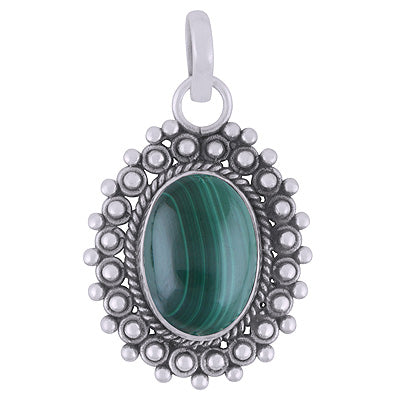 Classic Rawa Work Around Malachite Oval Shape 925 Sterling Solid Silver Pendant - R102063-12