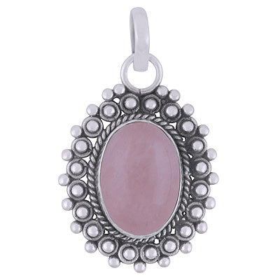 Classic Rawa Work Around Rose Quartz Oval Shape 925 Sterling Solid Silver Pendant - R102063-13