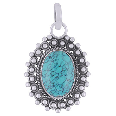 Classic Rawa Work Around Turquoise Oval Shape 925 Sterling Solid Silver Pendant - R102063-3