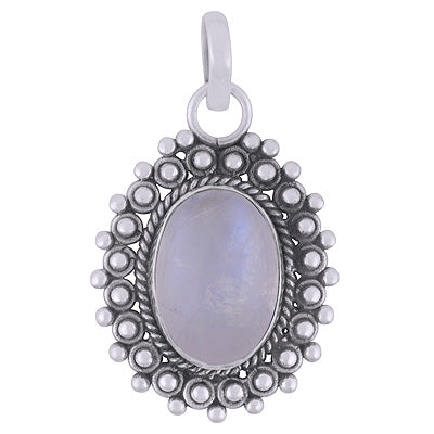 Classic Rawa Work Around Rainbow Moonstone Oval Shape 925 Sterling Solid Silver Pendant - R102063-4
