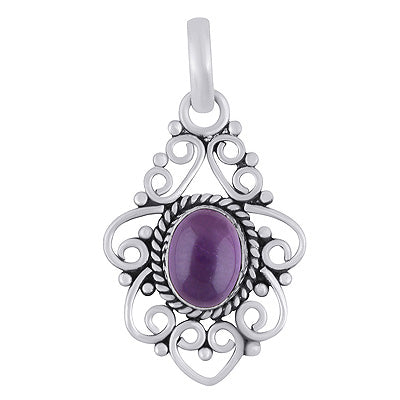 Stunning Wire Pattern & Rawa Work Around Amethyst Oval Shape 925 Sterling Solid Silver Pendant - R102074-1