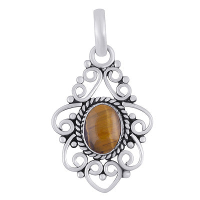Stunning Wire Pattern & Rawa Work Around Tiger's Eye Oval Shape 925 Sterling Solid Silver Pendant - R102074-11