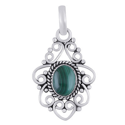 Stunning Wire Pattern & Rawa Work Around Malachite Oval Shape 925 Sterling Solid Silver Pendant - R102074-12
