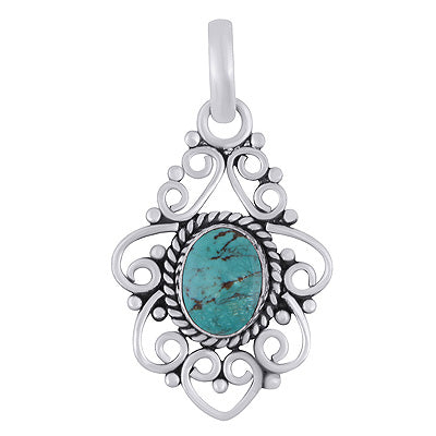 Stunning Wire Pattern & Rawa Work Around Turquoise Oval Shape 925 Sterling Solid Silver Pendant - R102074-15