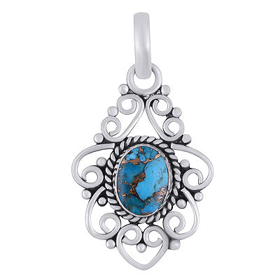 Stunning Wire Pattern & Rawa Work Around Blue Copper Turquoise Oval Shape 925 Sterling Solid Silver Pendant - R102074-16
