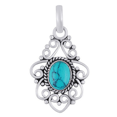 Stunning Wire Pattern & Rawa Work Around Turquoise Oval Shape 925 Sterling Solid Silver Pendant - R102074-3