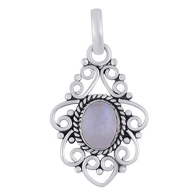 Stunning Wire Pattern & Rawa Work Around Rainbow Moonstone Oval Shape 925 Sterling Solid Silver Pendant - R102074-4