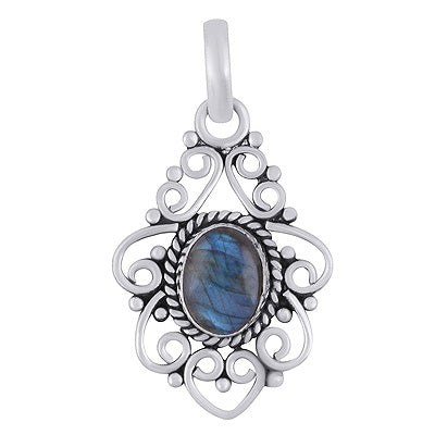Stunning Wire Pattern & Rawa Work Around Labradorite Oval Shape 925 Sterling Solid Silver Pendant - R102074-5