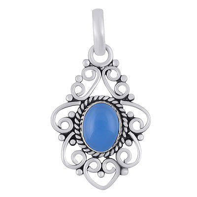 Stunning Wire Pattern & Rawa Work Around Blue Chalcedony Oval Shape 925 Sterling Solid Silver Pendant - R102074-9