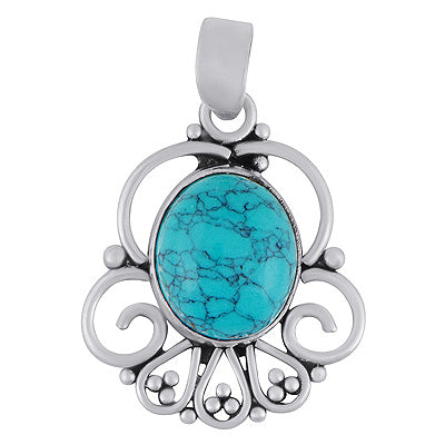Alluring Wire Pattern & Rawa Work Around Turquoise Oval Shape 925 Sterling Solid Silver Pendants - R102076-3