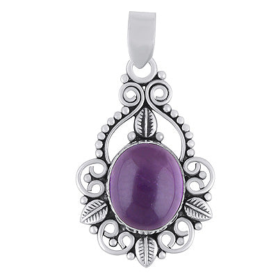 Beautiful Leaf Pattern & Rawa Work Around Amethyst Oval Shape 925 Sterling Solid Silver Pendants - R102077-1