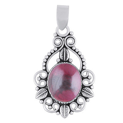 Beautiful Leaf Pattern & Rawa Work Around Garnet Oval Shape 925 Sterling Solid Silver Pendants - R102077-2