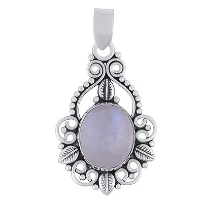 Beautiful Leaf Pattern & Rawa Work Around Rainbow Moonstone Oval Shape 925 Sterling Solid Silver Pendants - R102077-4