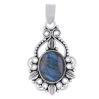Beautiful Leaf Pattern & Rawa Work Around Labradorite Oval Shape 925 Sterling Solid Silver Pendants - R102077-5
