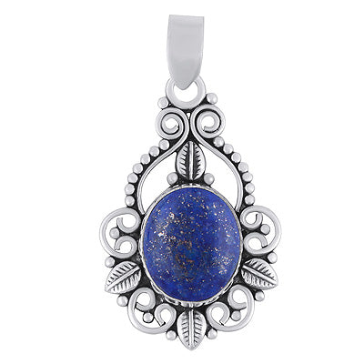 Beautiful Leaf Pattern & Rawa Work Around Lapis Oval Shape 925 Sterling Solid Silver Pendants - R102077-6