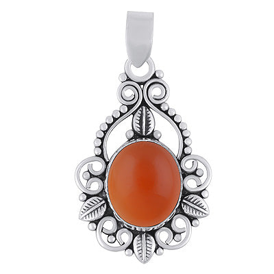 Beautiful Leaf Pattern & Rawa Work Around Carnelian Oval Shape 925 Sterling Solid Silver Pendants - R102077-7