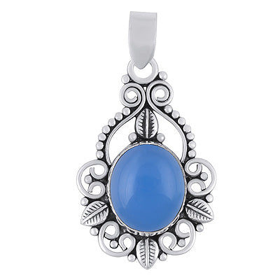 Beautiful Leaf Pattern & Rawa Work Around Blue Chalcedony Oval Shape 925 Sterling Solid Silver Pendants - R102077-9