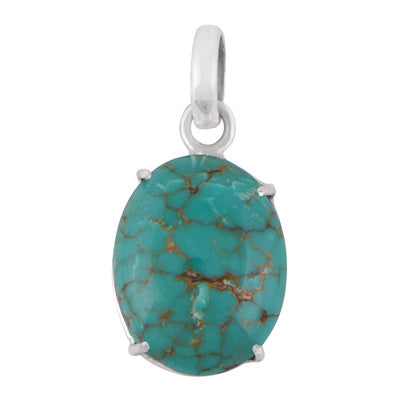 Stunning Prong Seated Gemstone Turquoise Oval Shape 925 Sterling Solid Silver Pendant - R102089-5