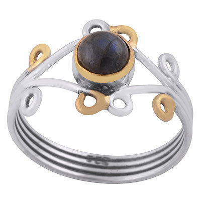 Alluring Coil Wire Work Around Gold Plating Labradorite Round Shape 925 Sterling Solid Silver Ring - R1083-19
