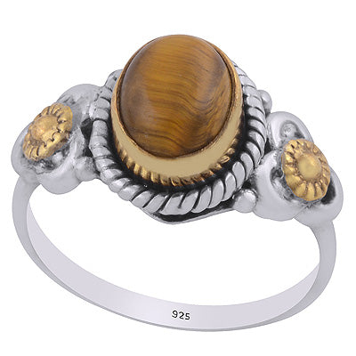 Gorgeous Flower Around Gold Plating Tiger's Eye Oval Shape 925 Sterling Solid Silver Ring - R1083-21