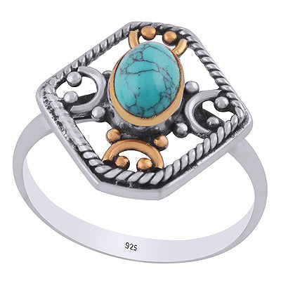 Gorgeous Handcrafted Work Around Gold Plating Turquoise Oval Shape 925 Sterling Solid Silver Ring - R1083-23