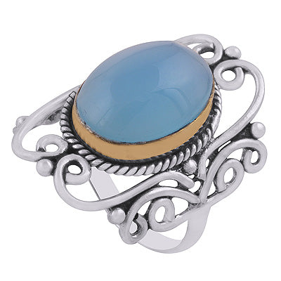 Stunning Twisted Wire Work Around Gold Plating Blue Chalcedony Oval Shape 925 Sterling Solid Silver Ring - R1083-24