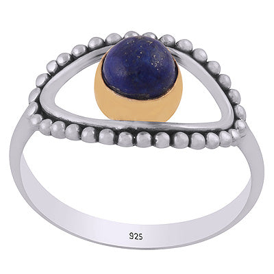 Gorgeous Rawa Work Eye Around Gold Plating Lapis Round Shape 925 Sterling Solid Silver Ring - R1083-29