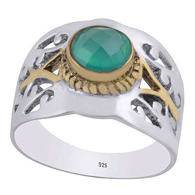 Beautiful Jali Cut Gold Plating Green Onyx Round Shape 925 Sterling Solid Silver Cut Stone Ring - R1084-32