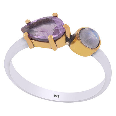 Gorgeous Multiple Gemstones Gold Plating Amethyst,Rainbow Moonstone Round,Pear Shape 925 Sterling Solid Silver Ring - R1084-34